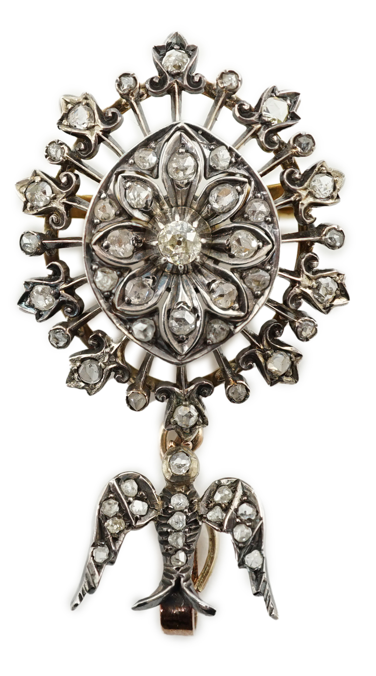 A Victorian gold, silver and diamond cluster set drop pendant brooch